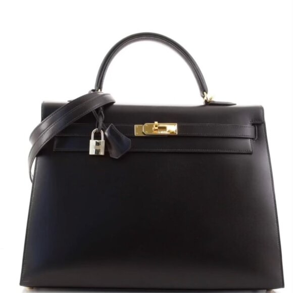 Hermes Handbags - Hermès Kelly Handbag Noir Box Calf with Gold Hardware 35